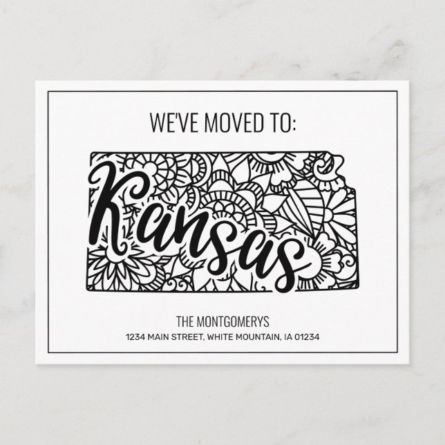We've Moved Floral Mandala Kansas State Announcement Postcard (Front)
