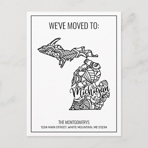 Weve Moved Floral Mandala Michigan State Announcement Postcard