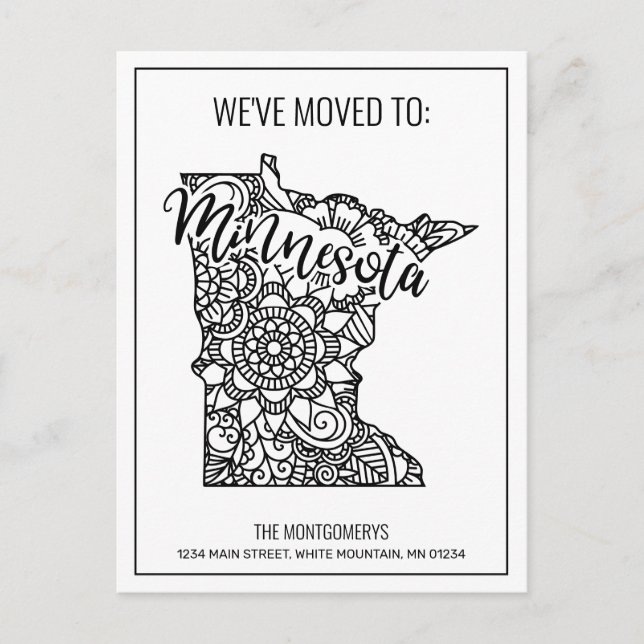We've Moved Floral Mandala Minnesota State Announcement Postcard (Front)