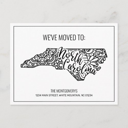 Weve Moved Floral Mandala North Carolina State Announcement Postcard