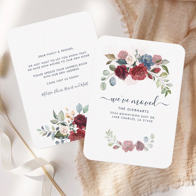 We've Moved Floral Moving Address Announcement (We Moved Burgundy Floral RC Moving Announcement)