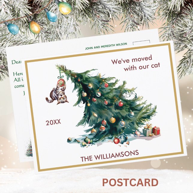 We've Moved Fun Cat and Tree Christmas  Announcement Postcard (Creator Uploaded)