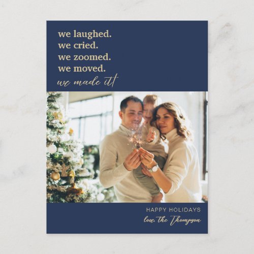 Weve Moved Gold Navy Blue Photo Holiday Moving Announcement Postcard