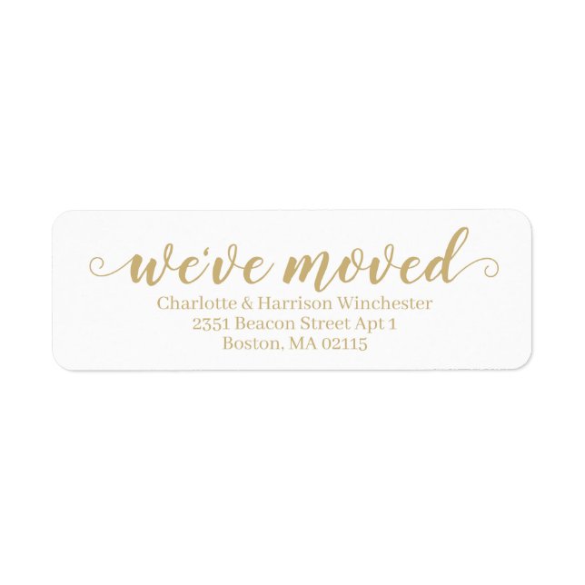 We've Moved gold white custom script moving Label (Front)