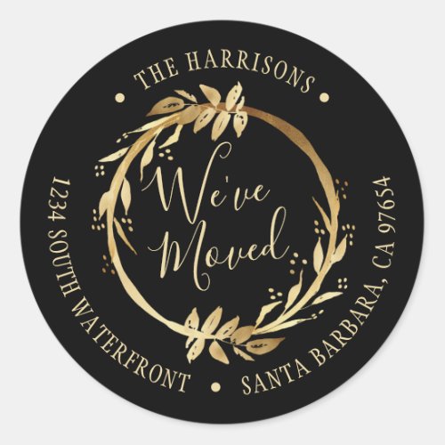 Weve Moved Gold Wreath Black New Address Classic Round Sticker