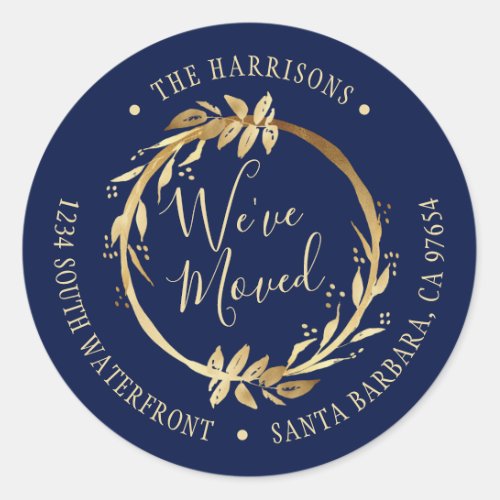 Weve Moved Gold Wreath Navy Blue New Address Classic Round Sticker