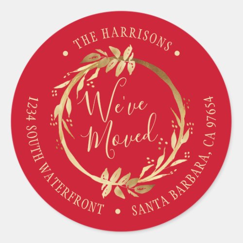 Weve Moved Gold Wreath Red New Address Classic Round Sticker