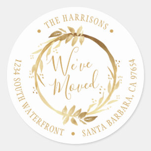 We've Moved Gold Wreath White New Address Classic Round Sticker