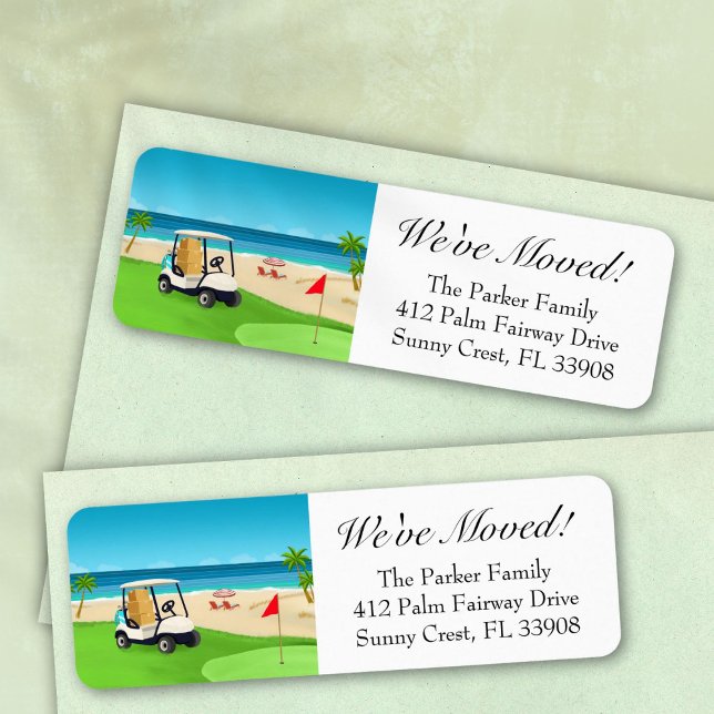 We've Moved Golf Course Beach Moving Announcement Label (Creator Uploaded)