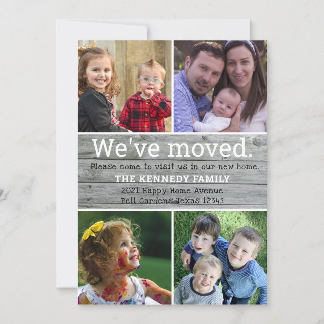 We've Moved Gray Wood 4 Photo Collage New Home  Announcement (Front)
