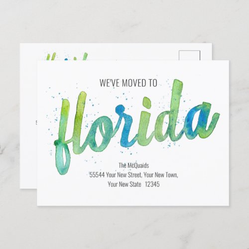 Weve Moved Hand Written Watercolor Florida Moving Holiday Postcard