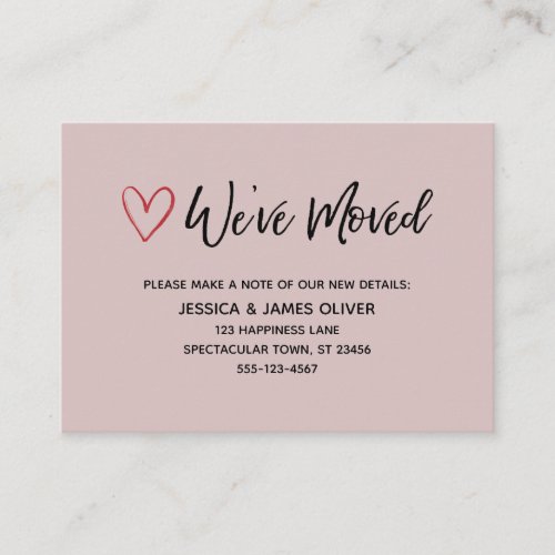 Weve Moved Handwriting Red Hearts Dusty Rose Business Card