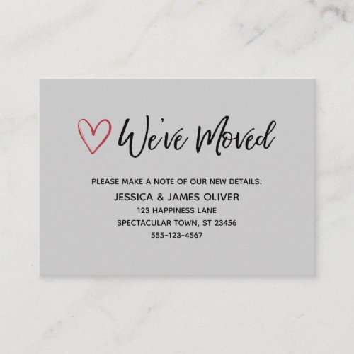 Weve Moved Handwriting Red Hearts Gray Business Card