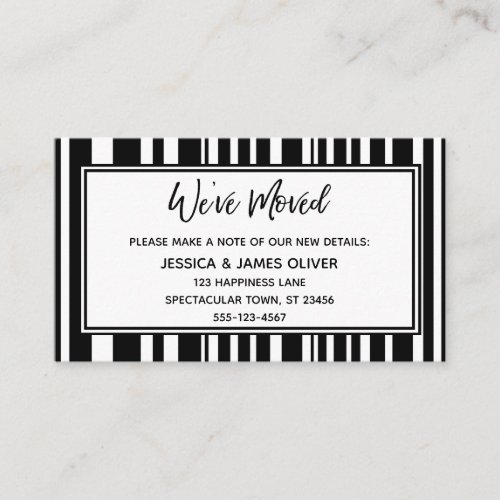 Weve Moved Handwriting w Black  White Stripes Business Card