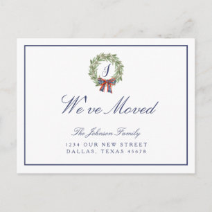 We've Moved Holiday Christmas Wreath Bow Monogram Announcement Postcard