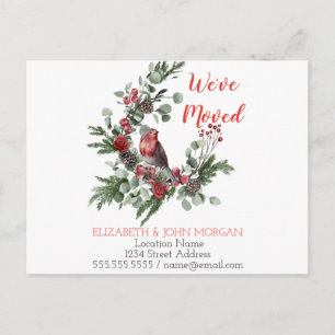 We've Moved,Holiday Wreath Red Cardinal Announcement Postcard