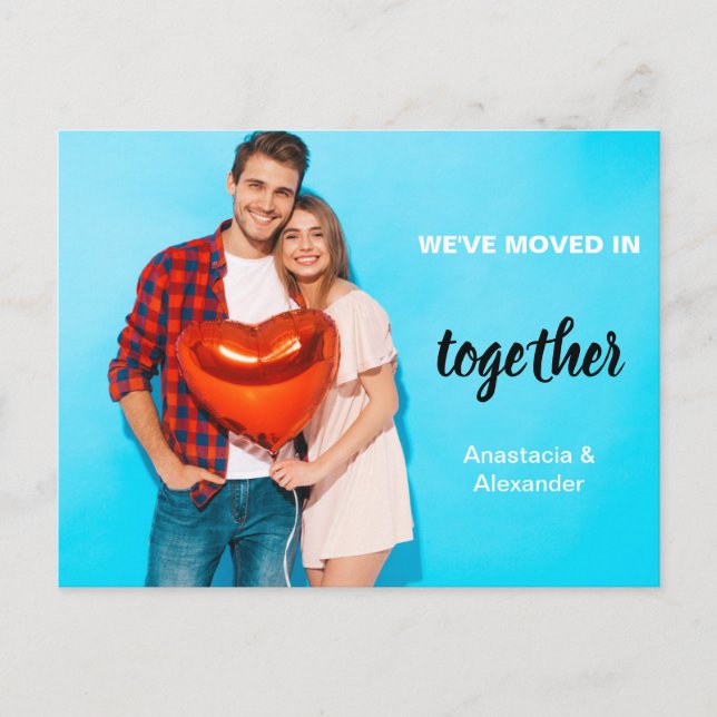We've moved in together couple photo personalized announcement postcard (Front)