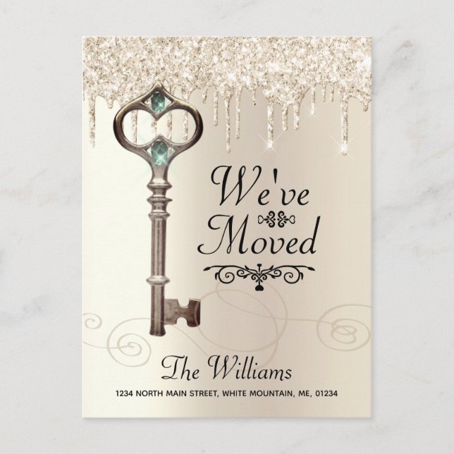 We've Moved Key Dripping Glitter Change of Address Announcement Postcard (Front)