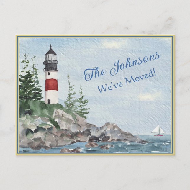 We've Moved Lighthouse Water Budget Postcard (Front)
