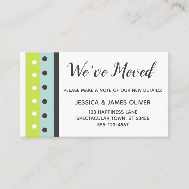 "We've Moved" Lime, Blue and Dark Gray Insert Card (Front)