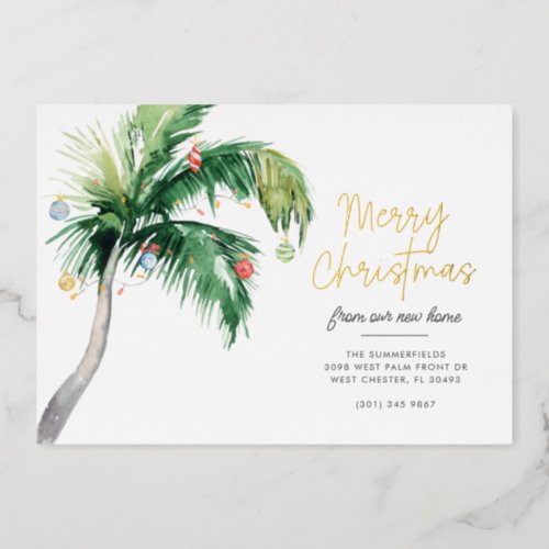 Weve Moved Merry Christmas Palm Tree Moving Gold Foil Holiday Card