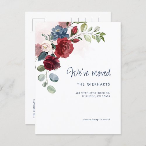 Weve Moved Modern Elegant Burgundy Floral Moving Announcement Postcard