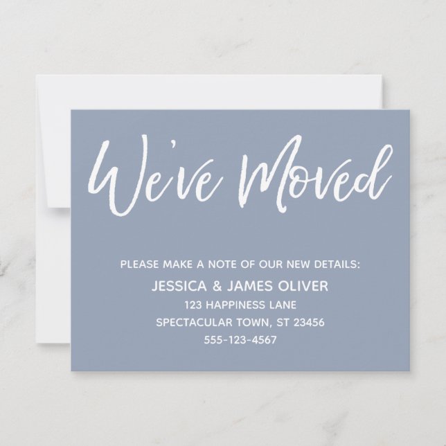 "We've Moved" Modern Handwriting Dusty Blue Card (Front)