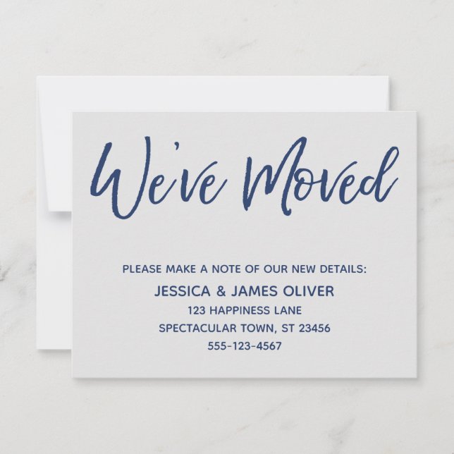 We've Moved Modern Handwriting Navy on Gray Card (Front)