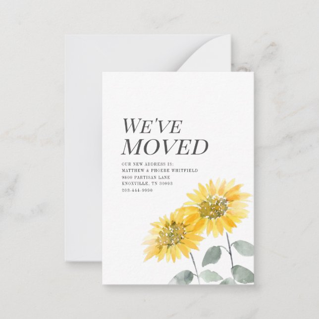We've Moved Modern Watercoler Sunflower Moving Note Card (Front)