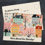 We've Moved New Address Moving Announcement  Postcard<br><div class="desc">A charming We've Moved moving announcement with a cute village house pattern. Personalize it with your name. Designed for you by Blackberry Boulevard.</div>