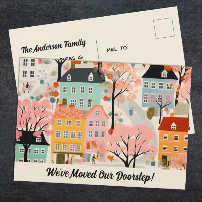 We've Moved New Address Moving Announcement  Postcard (a fun, We've moved! postcard decorated with an illustration of a neighborhood.)