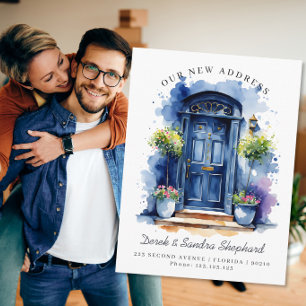 We've Moved New Address navy Watercolor Door Announcement Postcard