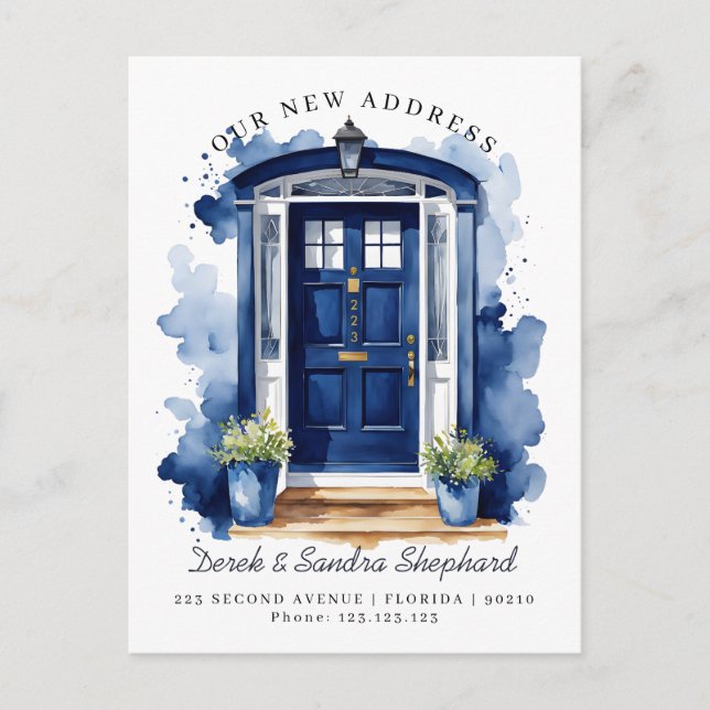 We've Moved New Address navy Watercolor Door Announcement Postcard (Front)