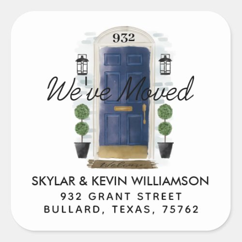 Weve Moved _ New Address Navy Watercolor Door Square Sticker
