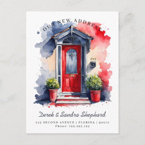 Weve Moved New Address red navy Watercolor Door Announcement Postcard