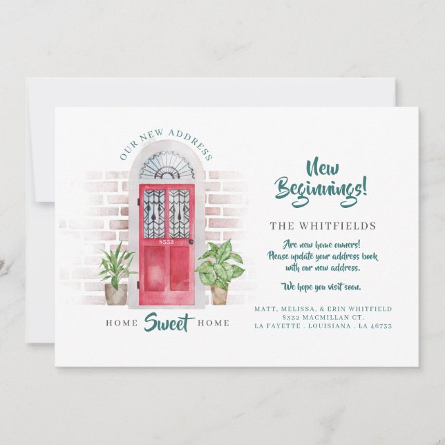 We've Moved New Address Red Watercolor Door  Announcement (Front)