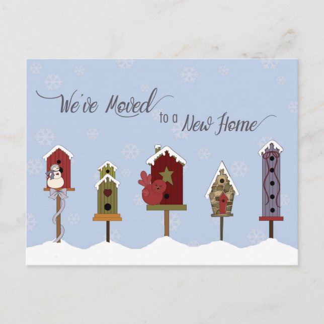 We've Moved, New Address Winter Birdhouses & Flags Announcement Postcard (Front)