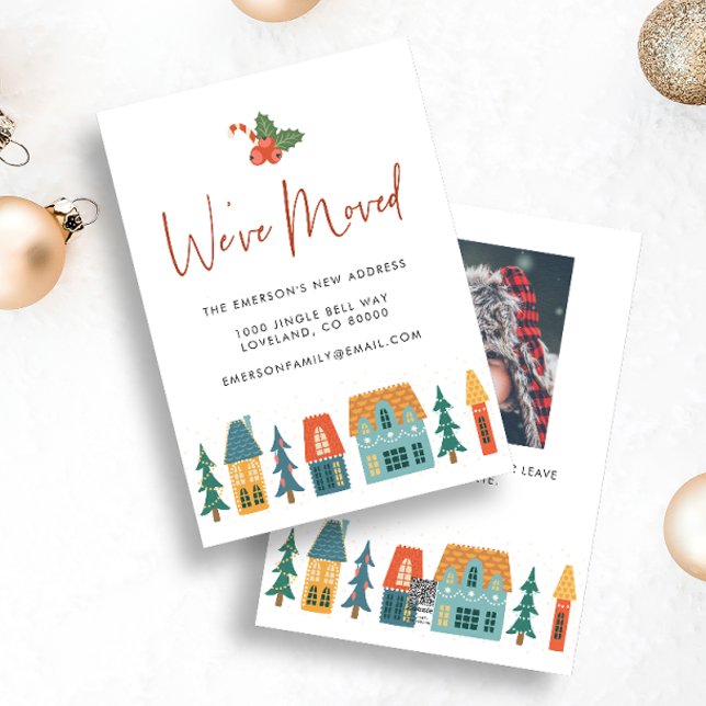 We've Moved New Home Holiday Card (We've Moved Holiday Moving Announcement Christmas Card with photo on back Cute Retro Houses)