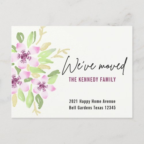 Weve Moved New Home Pink Watercolor Floral Moving Announcement Postcard