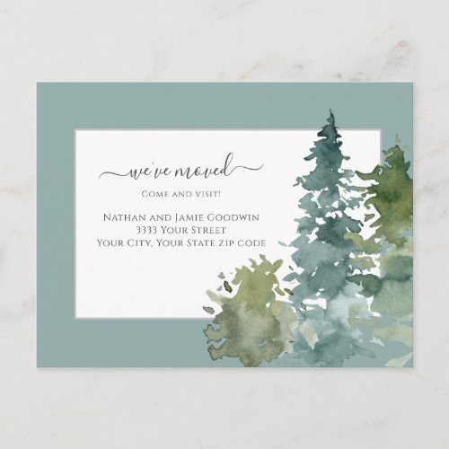 Weve Moved New Home Script Pine Tree Teal Postcard