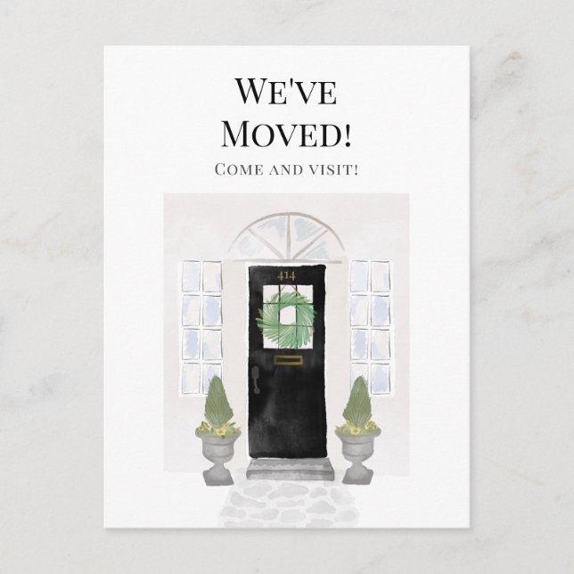 We've Moved New Home Watercolor Black Door Postcard (Front)
