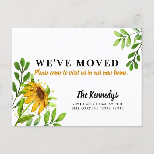 Weve Moved New Home Yellow Floral Greenery Moving Announcement Postcard