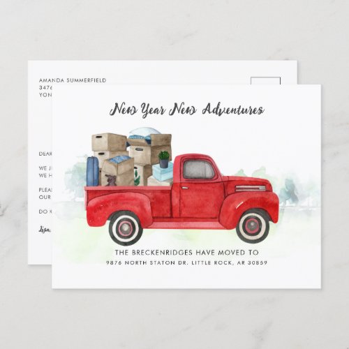 Weve Moved New Year Adventures Red Truck Moving A Announcement Postcard