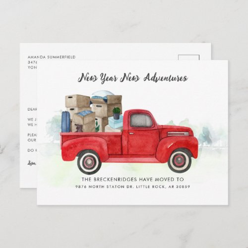 Weve Moved New Year Adventures Red Truck Moving Announcement Postcard