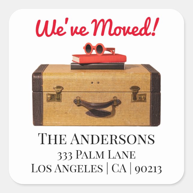 We've Moved, Old Suitecase, Return Address, White Square Sticker (Front)