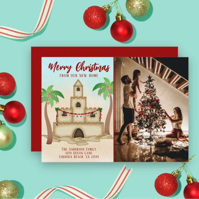 We've Moved PHOTO Sandcastle Beach Home Christmas Holiday Card (Creator Uploaded)