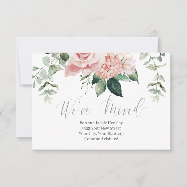 We've Moved Pink Green Floral Script Announcement (Front)