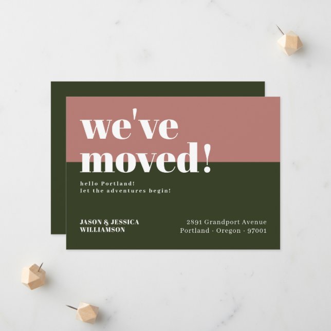 We've Moved! Pink Green Minimal Bold Type Announcement (Front/Back In Situ)