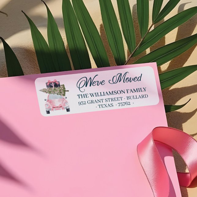 We've Moved Pink Retro Car Christmas Tree Luggage Label (We've Moved Pink Retro Car Christmas Tree Luggage Label)