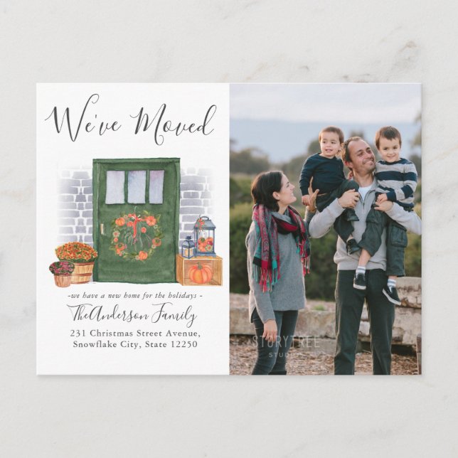 We've Moved Pumpkin Door Photo Holiday Moving Announcement Postcard (Front)